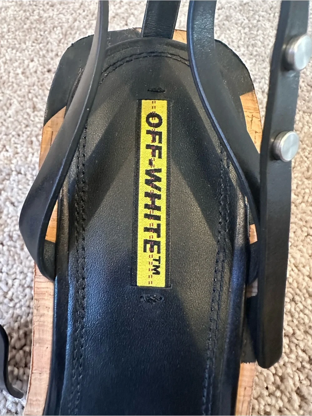 Off-White Black Leather Cork-Trim Wedge Sandals